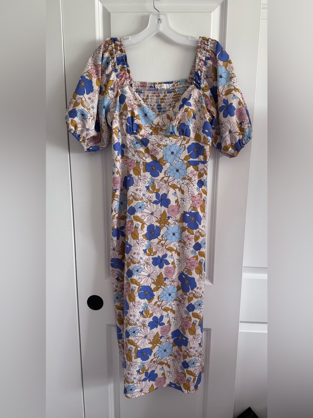 Lush Floral Puff-Sleeve Maxi Dress in Blue, Light Blue & Mustard